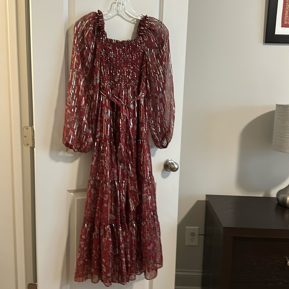 NWOT empire boho dress with puff sleeves- burgundy with gold accents.